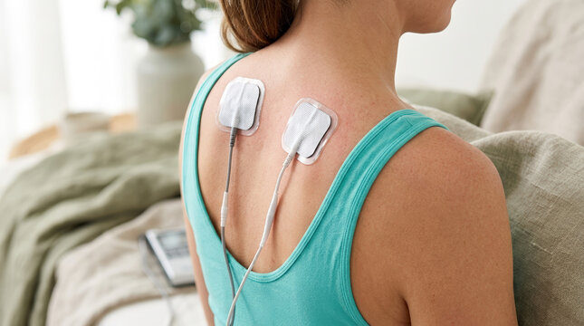 Woman using a TENS unit with electrode pads placed on her upper back. At-home electrical muscle stimulation therapy for pain relief. Female patient treating muscle tension indoors