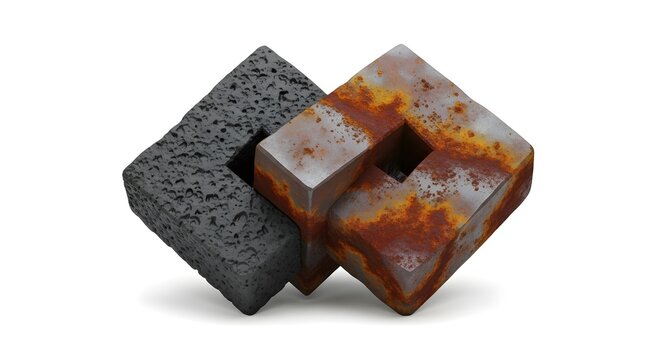 Abstract interlocking geometric shapes with contrasting textures of black volcanic rock and rusted metal.