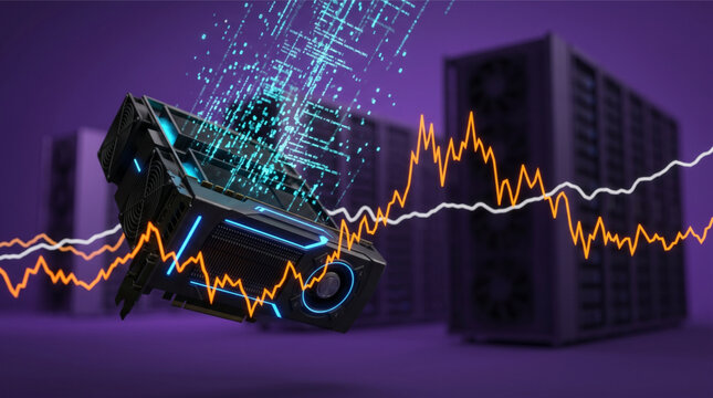 Graphics Processing Unit GPU for Cryptocurrency Mining with Rising Market Trends, Fluctuating Stock Price Graphs, and Binary Data Streams in Professional Server Room Background, 3D Rendered