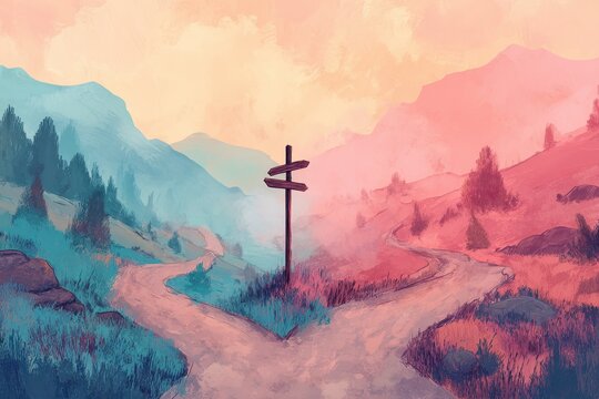 Two-Way Crossroads: A Surreal Landscape with a Split Road and Signpost Arrows