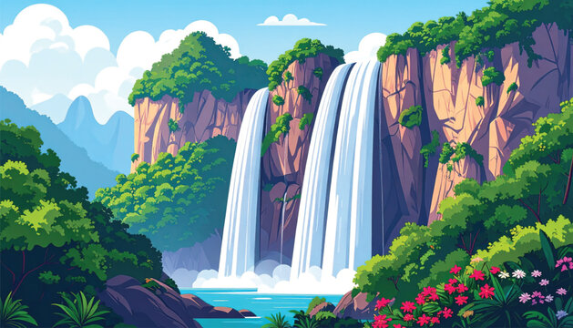 Waterfall Flowing Down Rocky Cliffside.