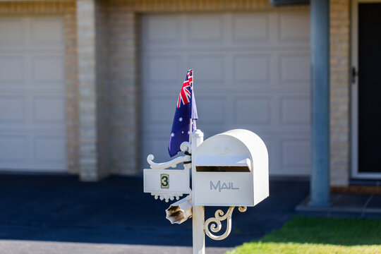 Australian flag on mailbox outside Aussie home on Australia day