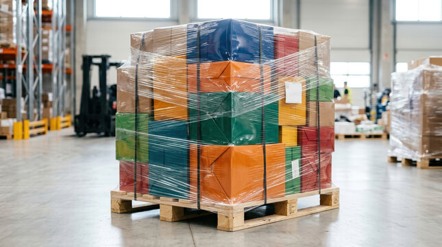 Wooden pallet loaded with colorful cardboard boxes wrapped in clear plastic stretch film. Stacked cargo ready for shipping on a warehouse floor