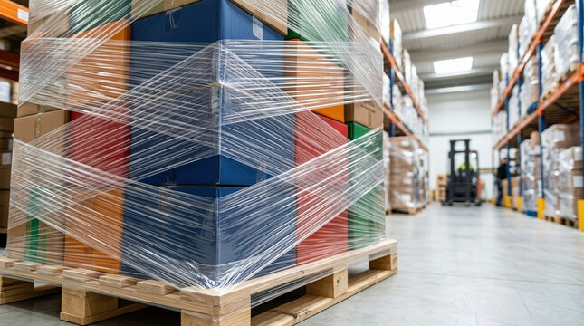 Close up of colorful cardboard boxes on a pallet tightly wrapped in plastic stretch film. Packaged freight in a warehouse aisle with forklift in background