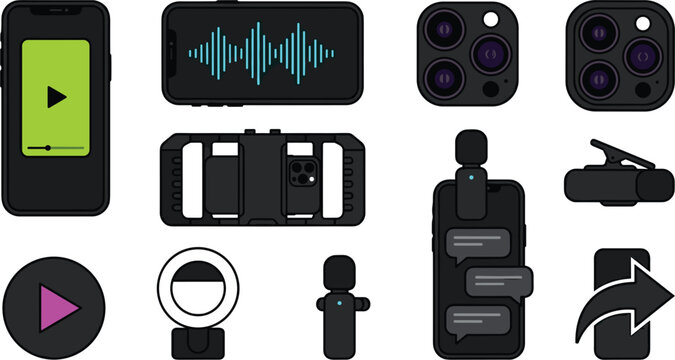 Mobile Content Creation and Smartphone Vlogging Equipment Vector Icon Set with Video Recording, Microphone, and Ring Light Symbols for Digital Media