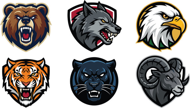 Aggressive Wild Animal Mascot Vector Logo Set with Angry Bear Wolf Eagle Tiger Black Panther and Ram Heads for Sports Team Branding