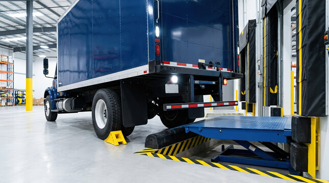 Blue box truck backed up to warehouse loading dock. Hydraulic ramp leveler and yellow wheel chock at distribution center bay door. Logistics and shipping concept