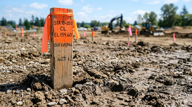 Wooden land survey stake with orange markings in muddy ground. Heavy construction machinery working in blurred background. Civil engineering and site grading concept
