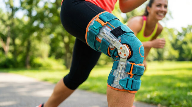 Close up of woman wearing technical hinged knee brace for support. Female athlete running in park with stabilization orthotic on leg. Sports injury recovery and rehabilitation concept