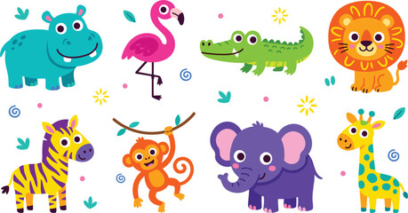 Fototapeta premium Cute Kawaii Baby Animals Vector Character Set Featuring Lion, Elephant, Panda, Fox, Bear, Pig, Koala, Giraffe, Dog, and Rabbit Illustrations