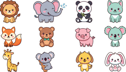 Fototapeta premium Cute Kawaii Baby Animals Vector Character Set Featuring Lion, Elephant, Panda, Fox, Bear, Pig, Koala, Giraffe, Dog, and Rabbit Illustrations