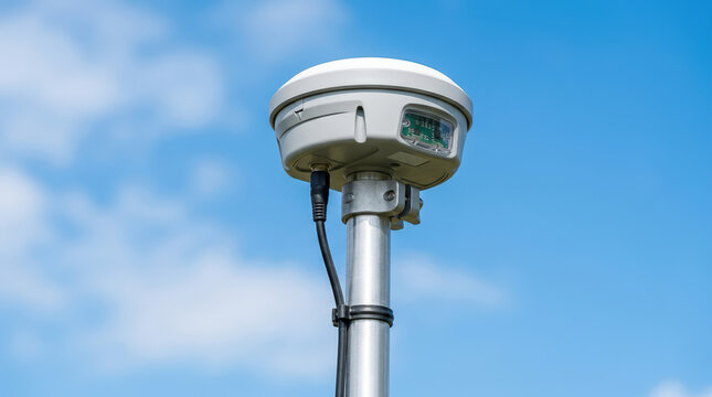 Close up of a GNSS GPS receiver antenna mounted on a metal pole. Satellite navigation and positioning equipment against a blue sky