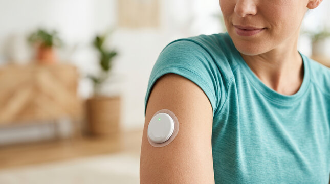 Continuous glucose monitoring sensor patch on a woman arm. White CGM device with green light for diabetes tracking. Modern healthcare technology at home