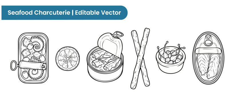 Seafood canned tinned fish illustration set with sardines, octopus, mackerel, lemon, and capers in outline vector style for restaurant menu design, tapas bar graphics, and culinary branding.