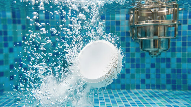Underwater view of chlorine tablet dissolving in swimming pool. Chemical sanitation treatment with bubbles and blue mosaic tiles background