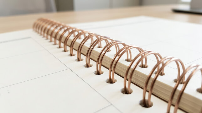 Close up of rose gold spiral binding on white paper calendar. Elegant metal coils on open planner on wooden desk