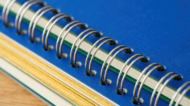 Close up of silver spiral binding on bright blue notebook cover. Metal coils on colorful planner resting on wooden desk
