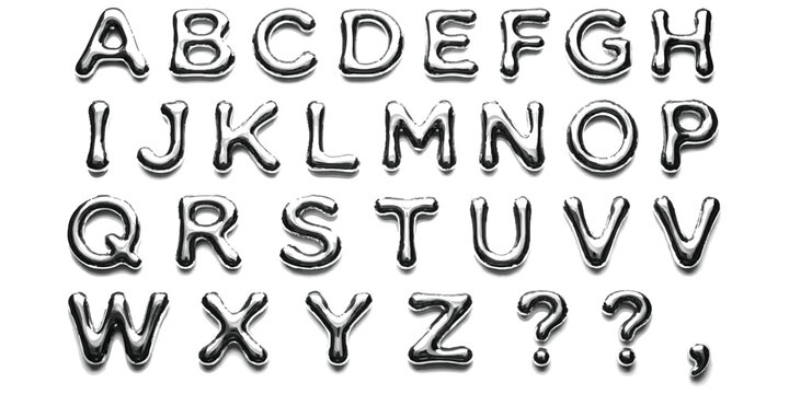 Set of shiny silver chrome metallic alphabet letters and punctuation signs in a bold bubble style