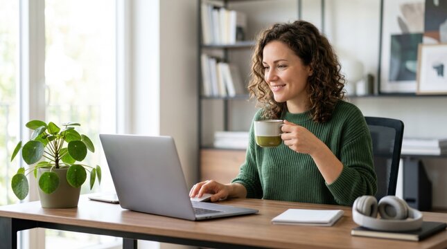 Smiling woman working on laptop computer at home office desk, drinking coffee, enjoying remote work lifestyle with houseplant and bookshelf background.