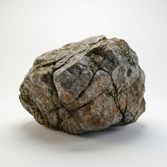 Obraz premium Single weathered granite boulder featuring deep natural cracks and patches of green moss isolated against a clean white studio background captured in high resolution detail