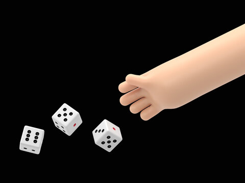 Man throws dice.Template for gambling.Throwing dice.Red dice on the table.Man avid person.Gambler concept.Playing in hand.3D rendering on black Screen for footage and clipping path.
