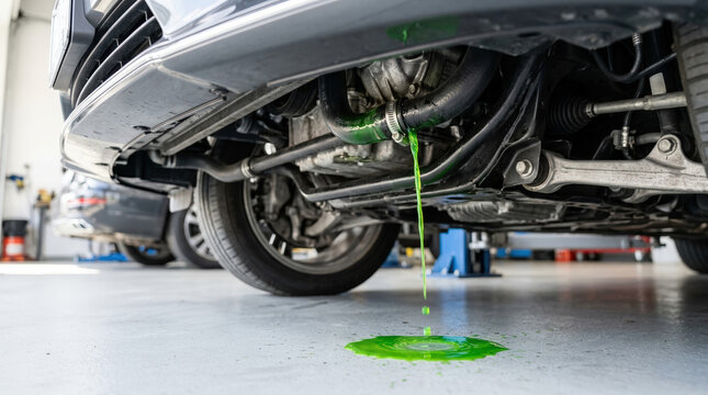 Bright green coolant leaking from under front bumper of car. Vehicle radiator fluid drip forming puddle on garage floor. Auto repair and maintenance issue