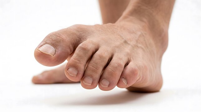 Deformed human foot with hammer toe and bunion condition on white background, painful crooked toes and hallux valgus deformity, orthopedic medical concept of foot health and podiatry issues