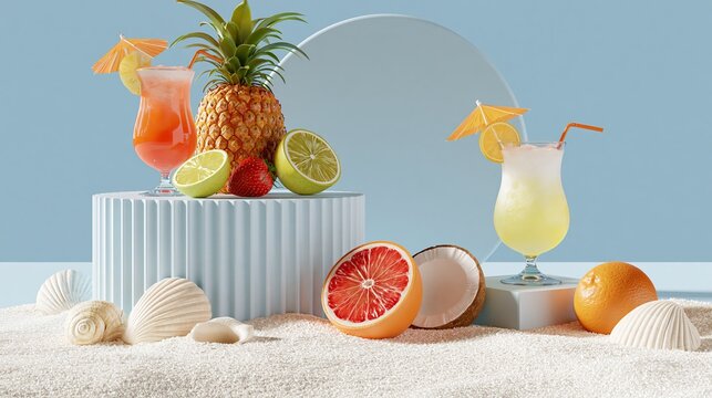 Tropical drinks, fruits, and shells rest on white sand. An empty podium awaits products for ads.