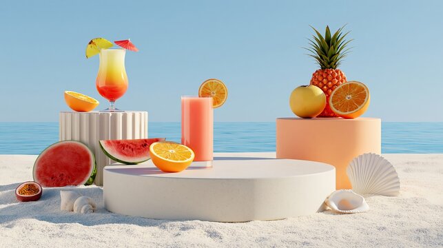 Tropical drinks, fruits, and shells rest on white sand. An empty podium awaits products for ads.
