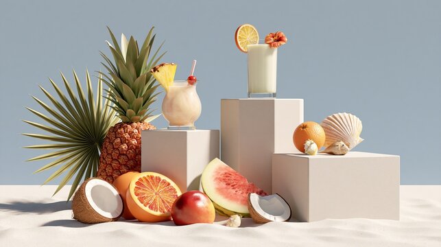 Tropical drinks, fruits, and shells rest on white sand. An empty podium awaits products for ads.