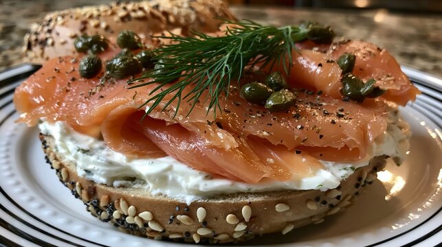 Bagel with salmon, capers, and dill is a healthy homemade choice.