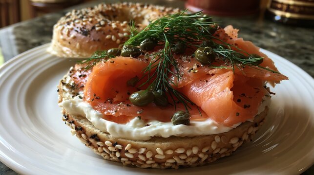 Bagel with salmon, capers, and dill is a healthy homemade choice.