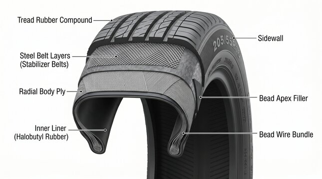 tread rubber compound steel belt layers stabilizer belts radial body ply inner liner halobutyl rubber sidewall bead apex filler bead wire bundle rubber compound steel belt