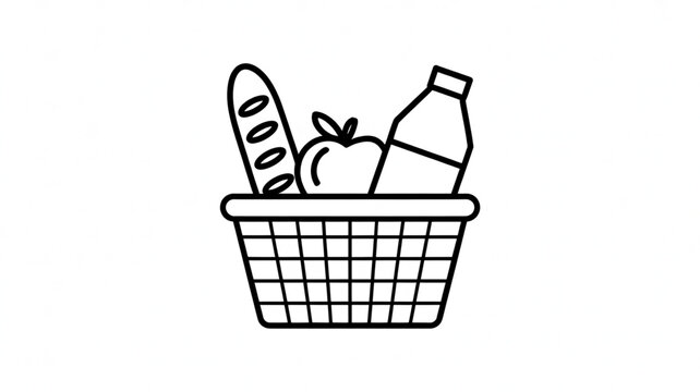 Grocery basket icon featuring bread, fruit, and milk, designed for supermarket, shopping, and food retail applications.