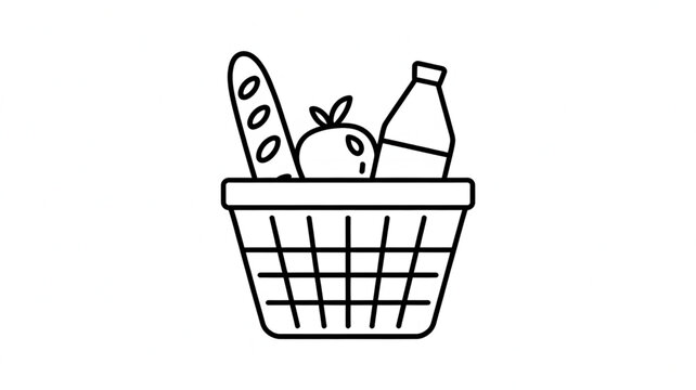 Grocery basket icon featuring bread, fruit, and milk, designed for supermarket, shopping, and food retail applications.