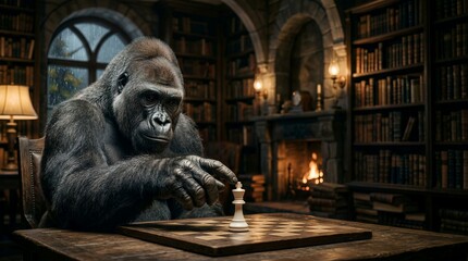 Fototapeta premium Thoughtful Gorilla Strategizing a Chess Move in an Atmospheric Library