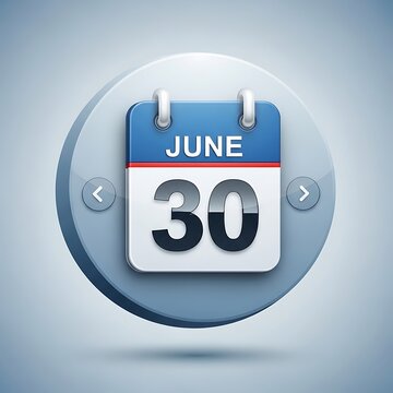 Modern calendar icon showing june 30 date with metallic finish
