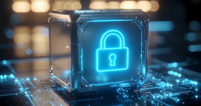 A glowing blue padlock icon on a metallic cube representing digital security and data protection on a circuit board.