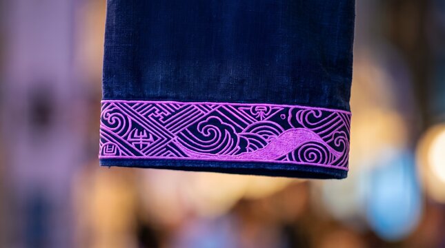 Close-up of a traditional Asian indigo garment hem adorned with a vibrant magenta embroidered border