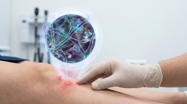 The human leg showing a skin abrasion with digital bubble revealing microscopic fungal infection spores for clinical dermatology