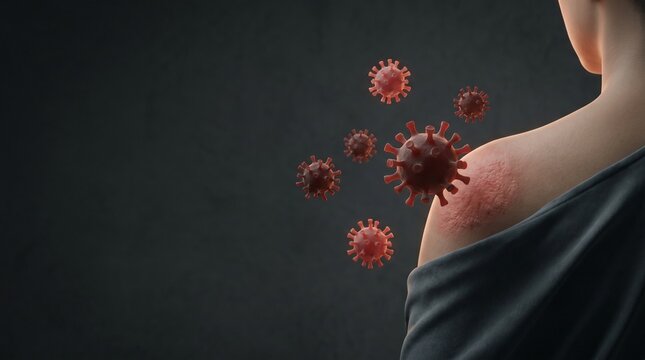 The human back with skin irritation and floating 3d virus structures for clinical dermatological study of skin infections
