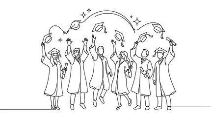 Obraz premium A continuous line drawing of a group of happy graduates throwing their caps in the air.