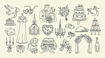 Obraz premium Romantic doodle. Retro Valentines Day elements. Vintage hand drawn line wedding decoration for invitation. Coquette cake, cupid, ribbons, hearts, cherries. Holiday vector set