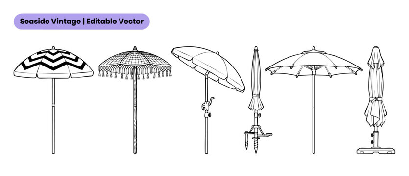 Beach umbrella vector line art icons set, vintage style parasol collection, boho fringe sun shade, tilted patio umbrella, closed standing shelter on white background for summer vacation design.