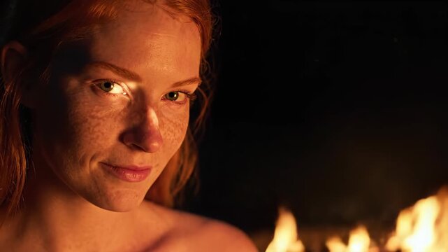 Woman with red hair lit by fire flames in darkness. Portrait of caucasian girl with freckles observing bonfire at night. Relaxed leisure time at camp outdoor