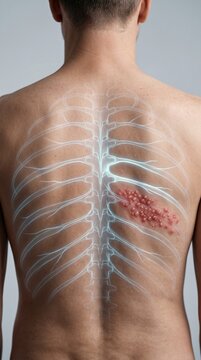 The portrait of the back with shingles rash and ethereal digital nerve map visualization for clinical neurology and skin infections study