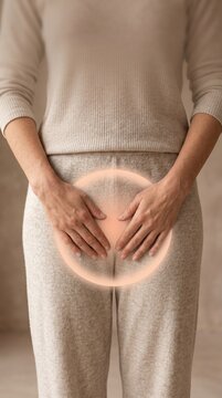The professional studio shot with a glowing circular halo highlighting the pelvic area for medical diagnostics and skin infections care