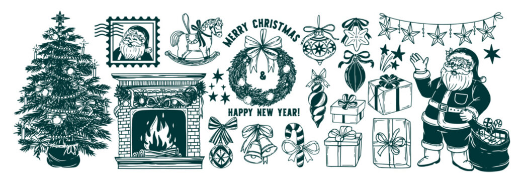 Christmas doodles. Hand drawn New Year sticker. Vintage Xmas elements, holiday decorations, Santa Claus, gift, fireplace, wreath, Christmas tree, toy with bows. Vector set