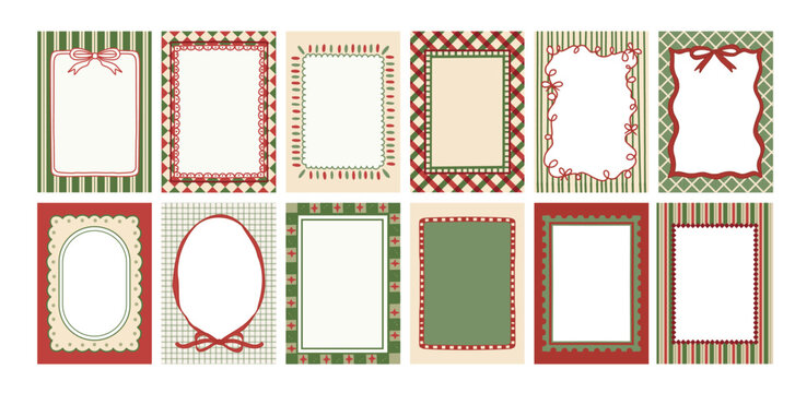 Christmas frames. Vintage Merry Xmas border. Doodle red and green greeting card with various texture, pattern, bow, ribbon. New Year poster template. Vector holiday set