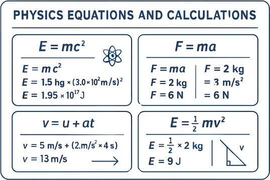 A visual guide to fundamental physics equations and example calculations for energy, force, and motion.
